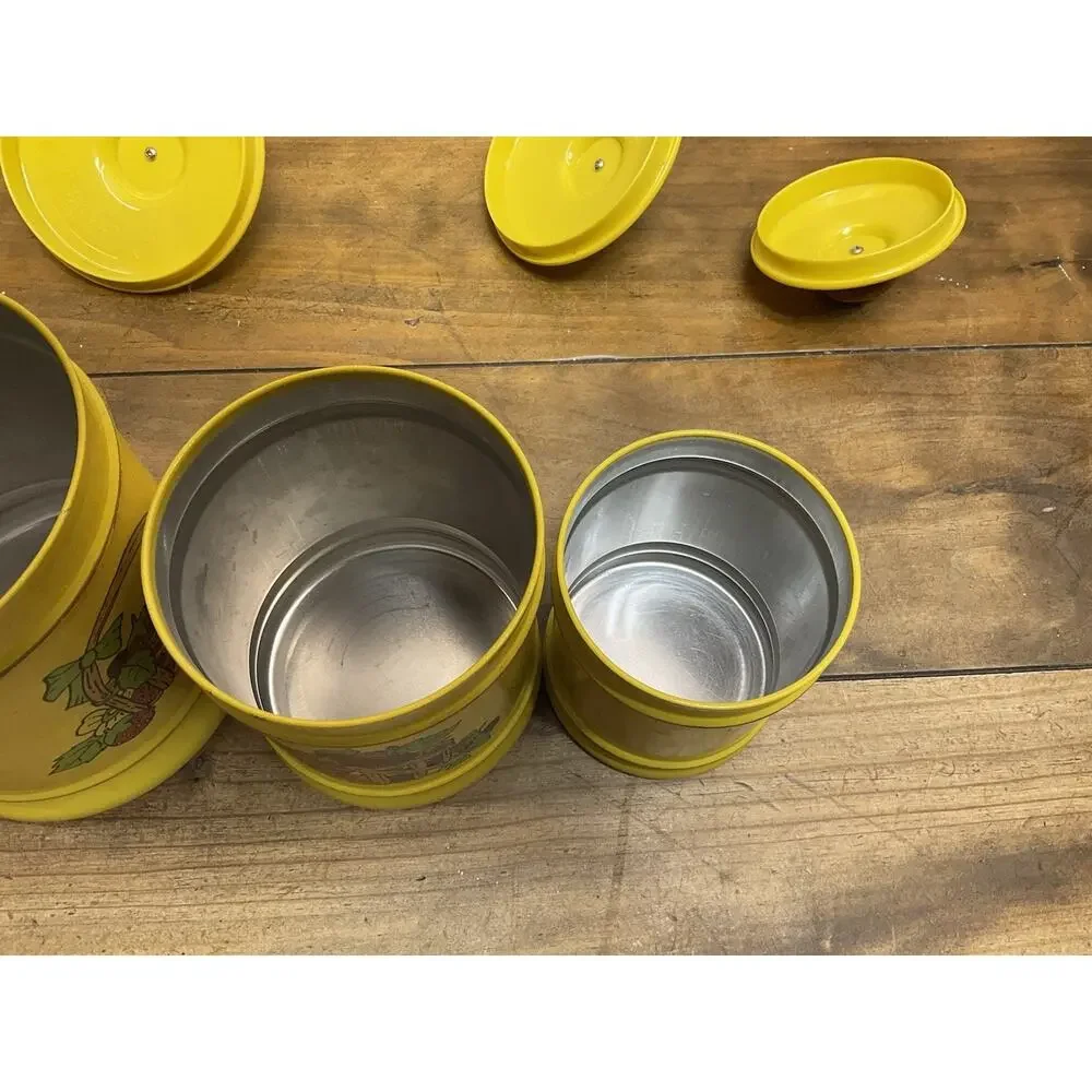 Vtg 70s Kromex Yellow Fruit Basket Aluminum Kitchen Canister Set